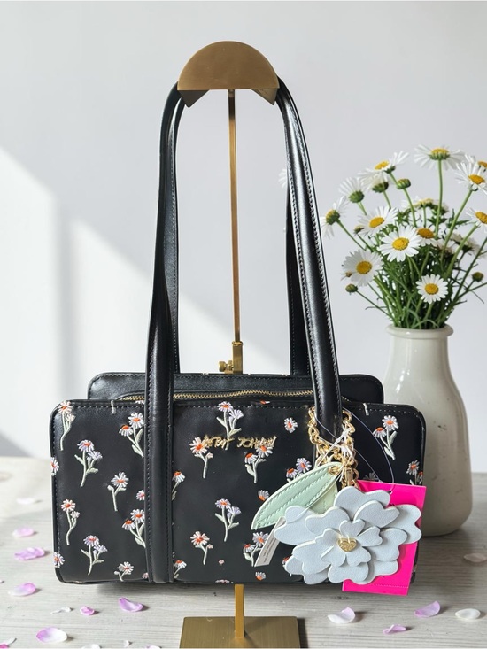 Betsey Johnson Handbags - Betsey Johnson Black Floral Shoulder Bag with Pink & Mint Charms